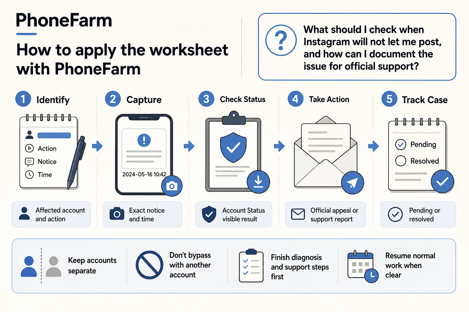 Suggested workflow to identify the account, capture the notice, check status, use official support, and record whether the case is pending or resolved.