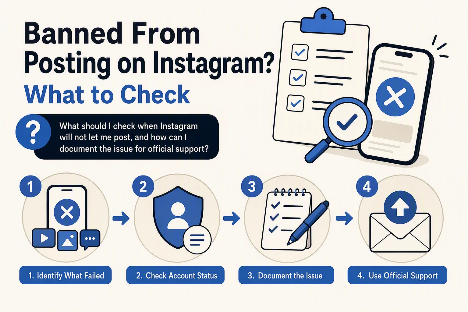 Four illustrated steps: identify the failed action, check account status, document the issue, and use official support.