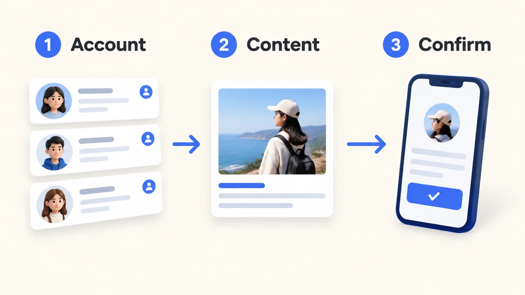 Account, content and confirmation checkpoints for an Instagram post.