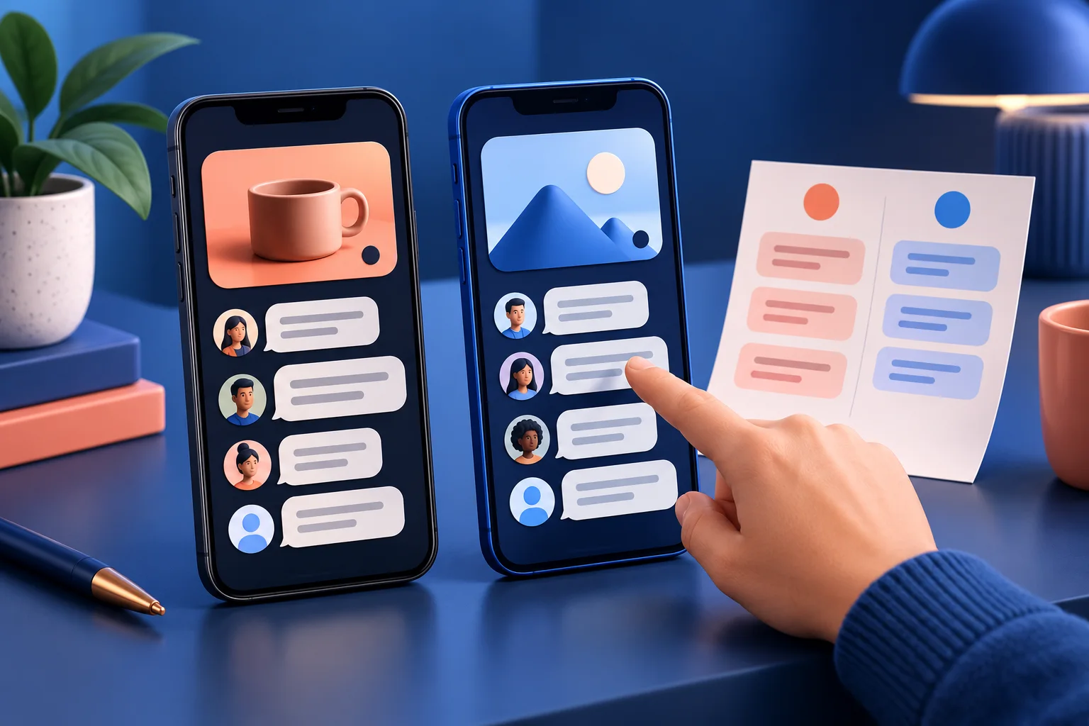 Conceptual illustration of two different account conversations and a response matrix; not a product screenshot.
