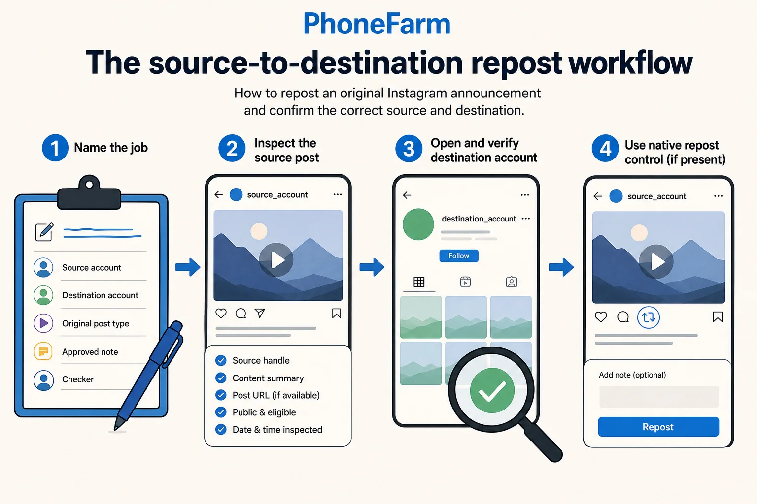 Illustration of The source-to-destination repost workflow.