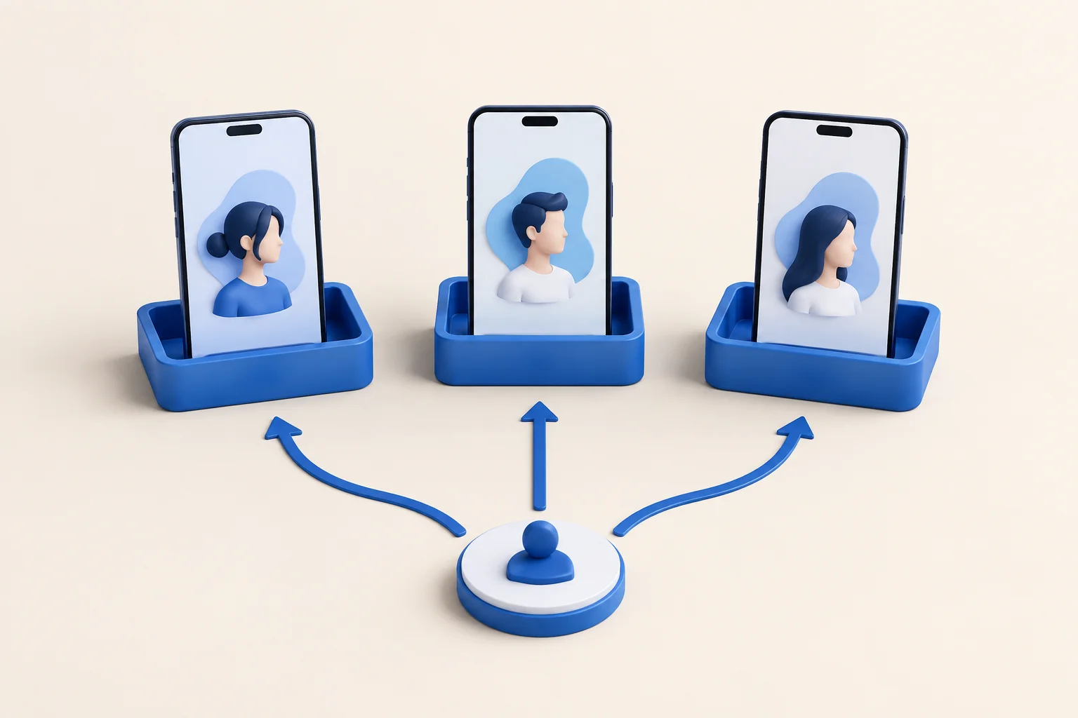 Three separate account profiles on phones in blue trays.