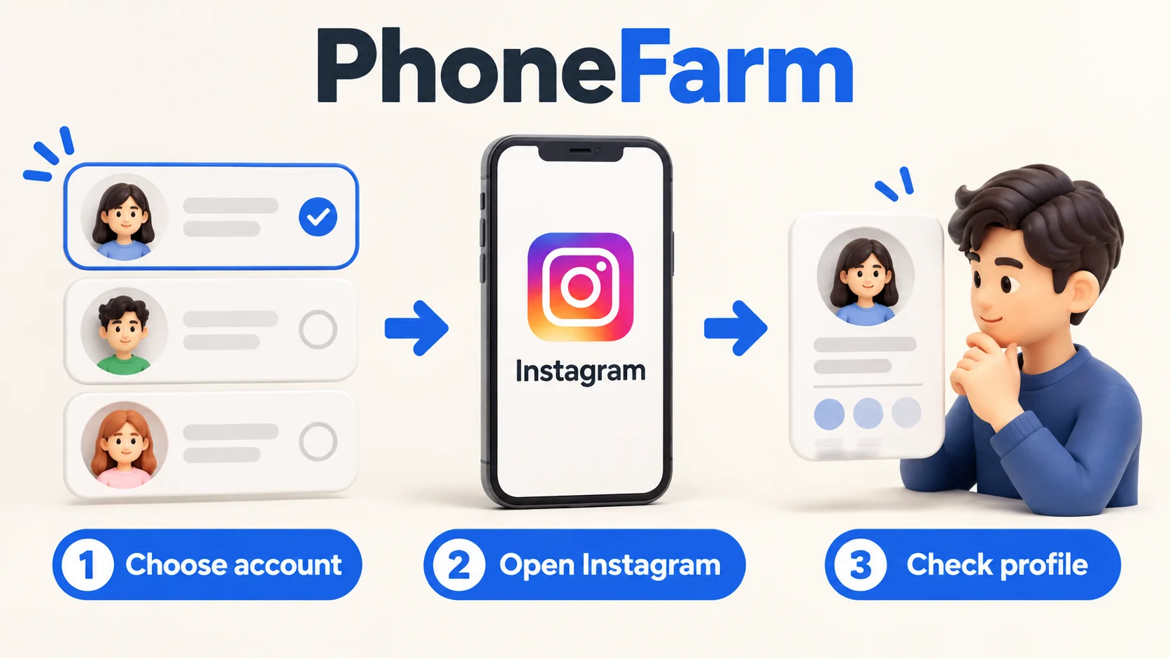 Suggested PhoneFarm workflow: choose an account, open Instagram and check the profile.