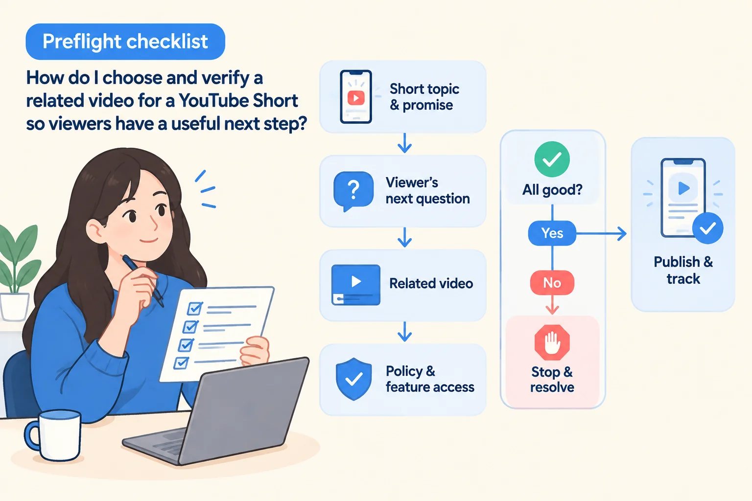 Illustrated preflight: define the Short’s promise and next question, check the related video and feature access, then publish or stop to resolve issues.
