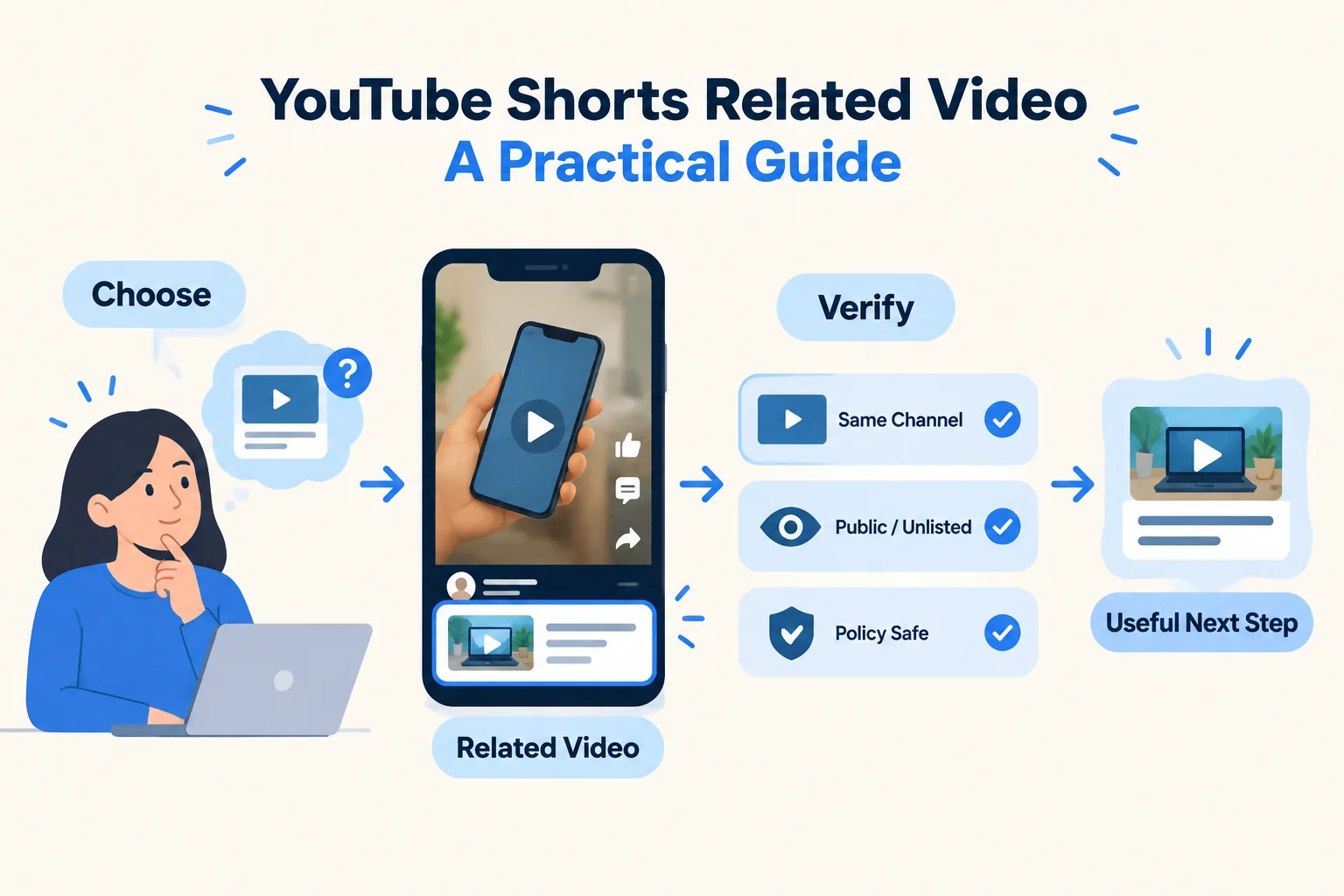 Illustration of choosing a related video, checking its channel and visibility, and giving viewers a useful next step.